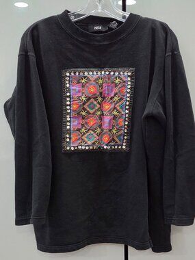 "PASTA", sweater, featuring an eclectic, colorful tapestry geometric pattern